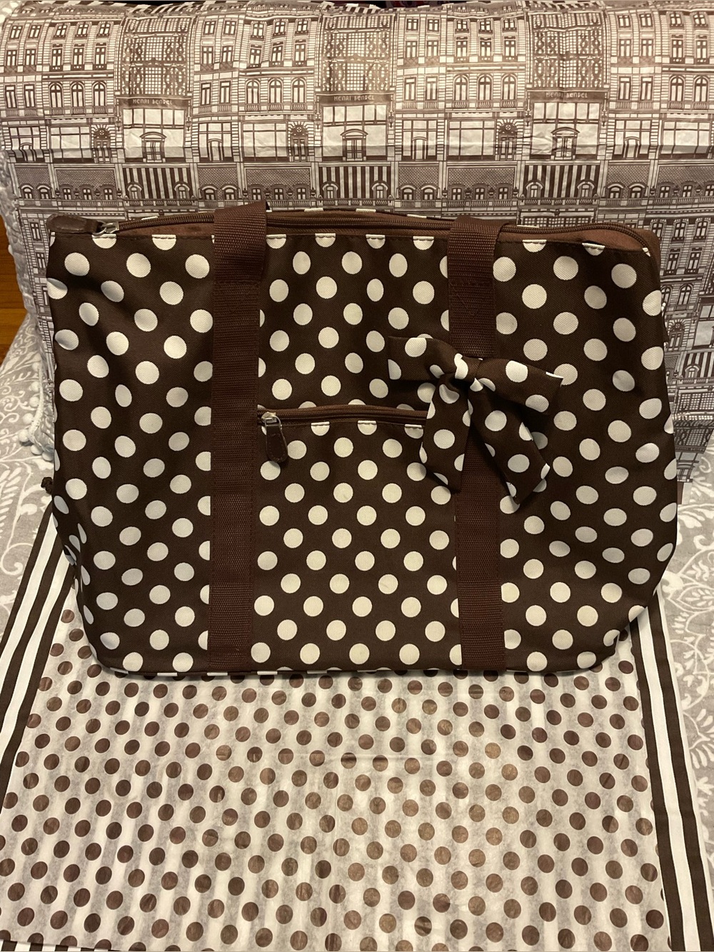 Brown Travel Tote with White Polka Dots